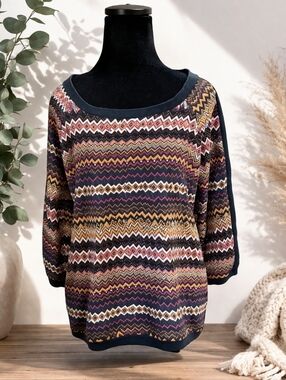Harve Benard Sheer Zigzag Print Top L 3/4 Sleeve Back Zip Blouse